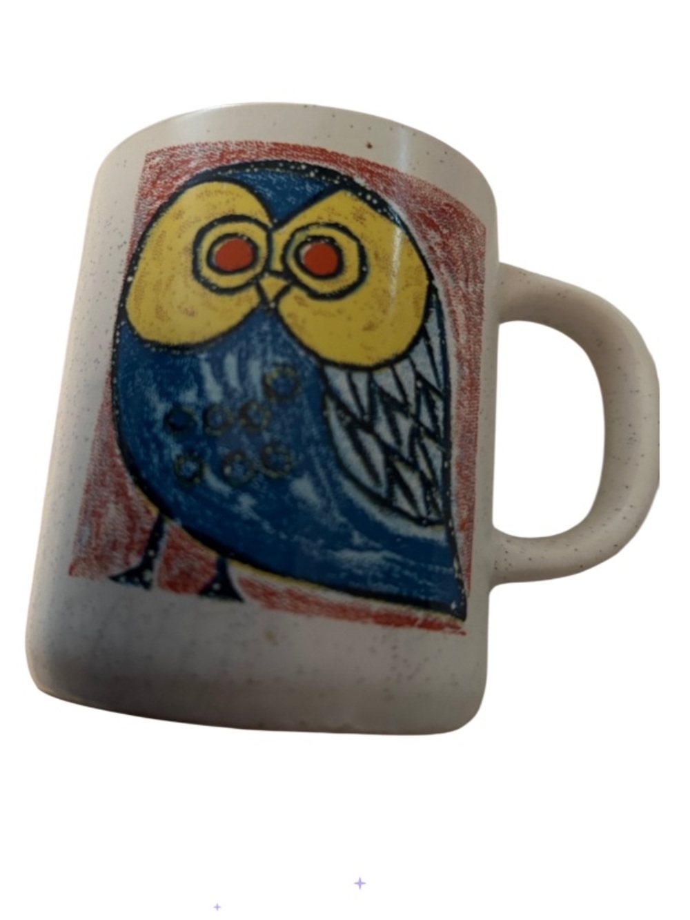 vintage 1970s speckled stoneware mug colorful retro owl illustration from Japan.